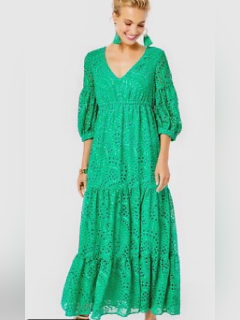 Lilly Pulitzer Greeb Eyelet Maxi Dress - Women's V-Neck Tiered Dress